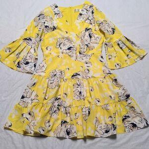 Eliza J Yellow Floral Print Bell Sleeve Ruffle Hem Party Cocktail Dress Sz 6